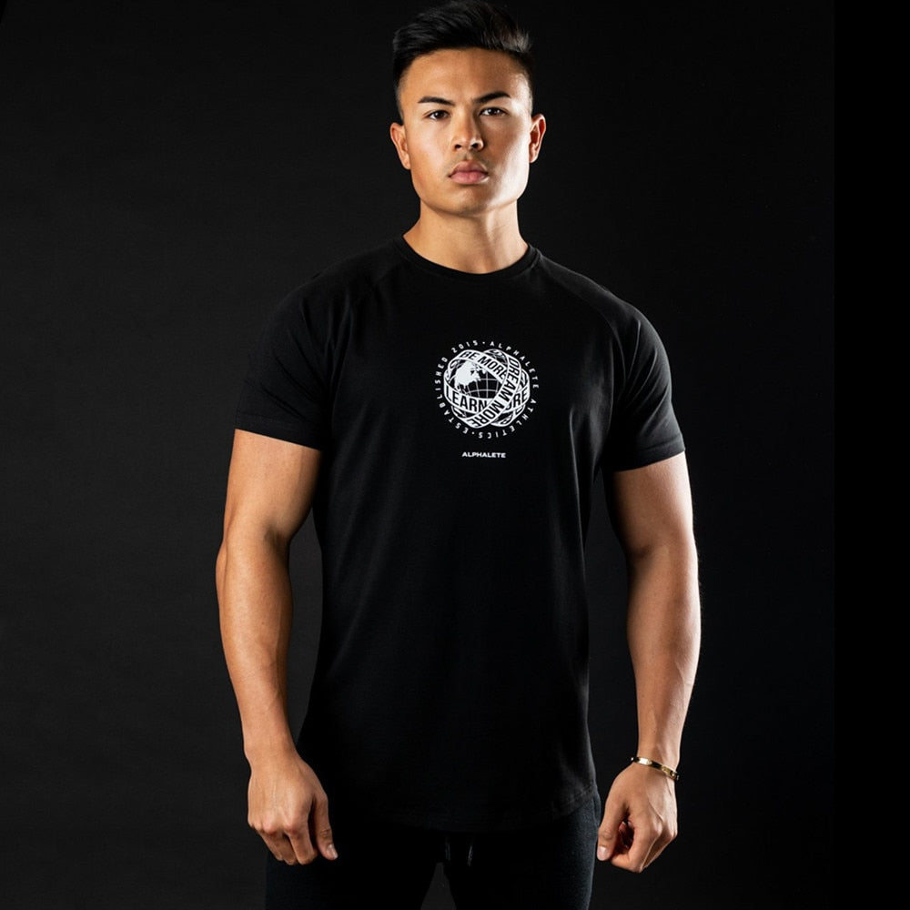 Casual Print T-shirt Men Cotton Fitness Workout Short Sleeve Shirt Male Gym Sport Skinny Tee Tops Summer Crossfit Brand Clothing