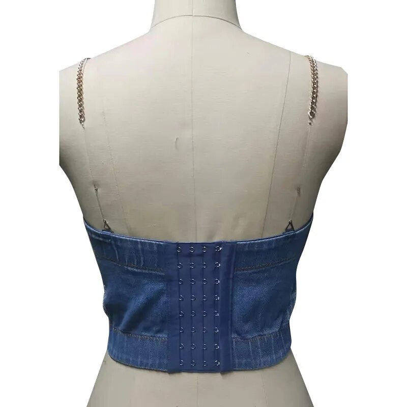 Sexy Denim Tank Tops For Women Square Collar Sleeveless Patchwork Chain Slim Short Vest Female Fashion Summer