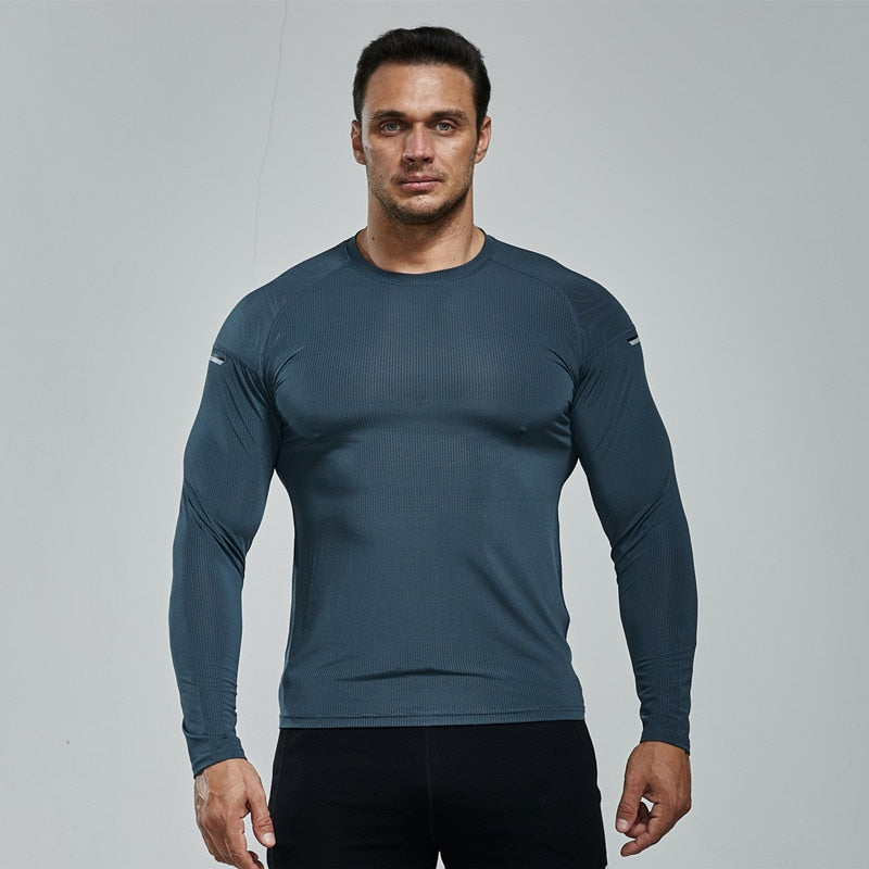 Men Elastic Compression Fitness T Shirt Tight Running Sport Clothes Long Sleeve Training Jogging Sportswear Quick Dry Rash Guard