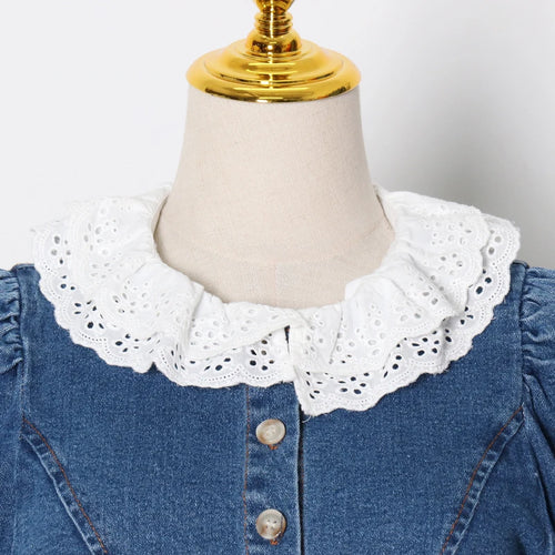 Load image into Gallery viewer, Denim Patchwork Lace Shirt For Women O Neck Lantern Sleeve Short Tops Female Fashion New Clothing Fall
