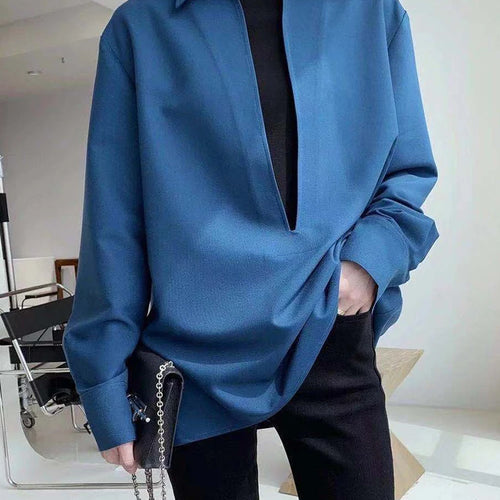 Load image into Gallery viewer, Loose Blue Shirt For Women V Neck Long Sleeve Solid Minimalist Vintage Blouses Female Korean Fashion Clothing Style
