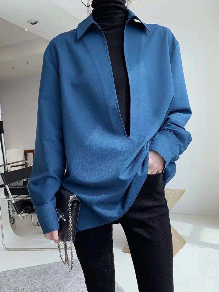 Loose Blue Shirt For Women V Neck Long Sleeve Solid Minimalist Vintage Blouses Female Korean Fashion Clothing Style