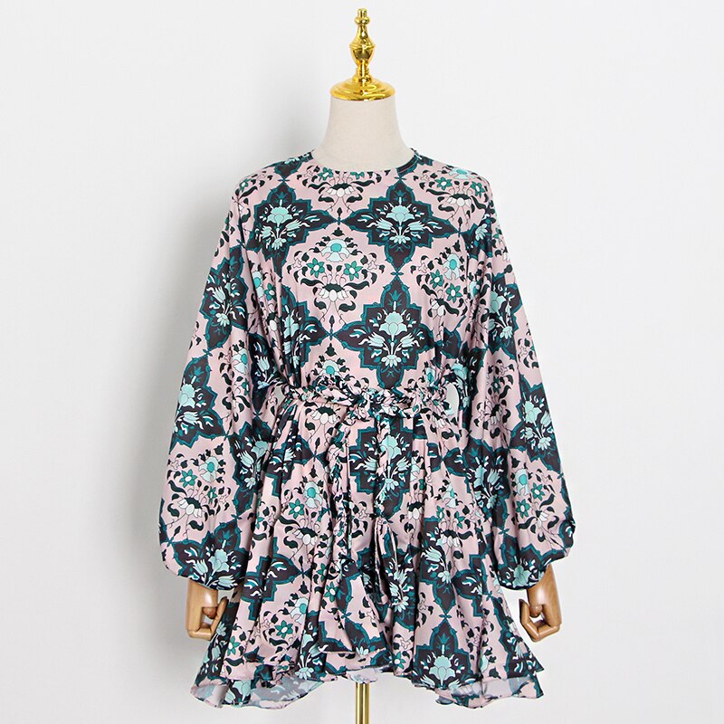 Hit Color Mini Dress For Female O Neck Long Sleeve High Waist Lace Up Printed Casual Dresses Female Spring