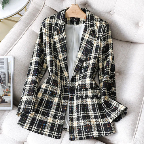Load image into Gallery viewer, Stylish Jacket Coat Formal Blazers Lady Office Work Suit Manual Sequins Jackets Slim Plaid Outerwear Women Elegant Blazer Female
