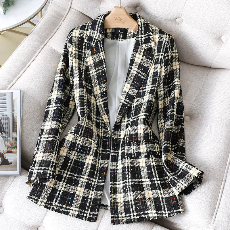 Stylish Jacket Coat Formal Blazers Lady Office Work Suit Manual Sequins Jackets Slim Plaid Outerwear Women Elegant Blazer Female