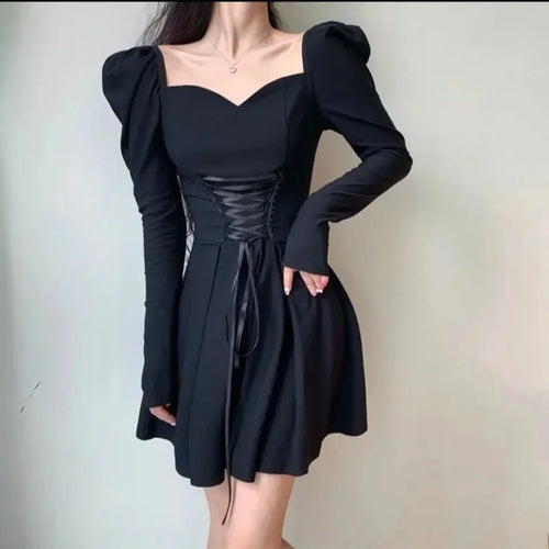 Load image into Gallery viewer, Vintage Bandage Black Mini Dress Women French Puff Sleeve Square Collar Short Dresses Bodycon Wrap Party Korean Style
