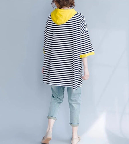 T-shirt Women's Hooded T-shirt Stripe Loose Top  Korean Casual Short Sleeve Tops Women's T-shirts With Short Sleeve Hoodie