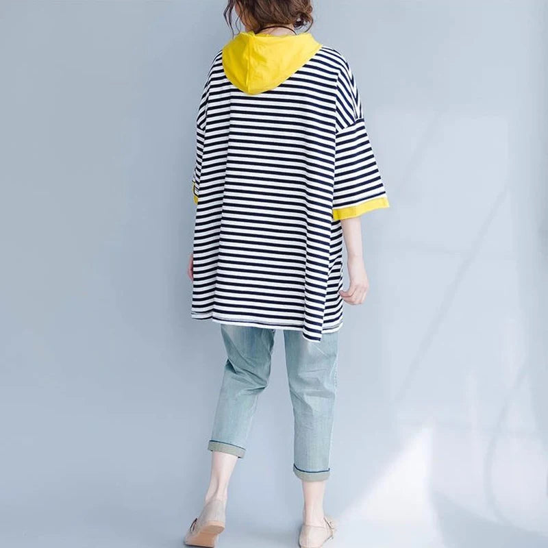 T-shirt Women's Hooded T-shirt Stripe Loose Top  Korean Casual Short Sleeve Tops Women's T-shirts With Short Sleeve Hoodie
