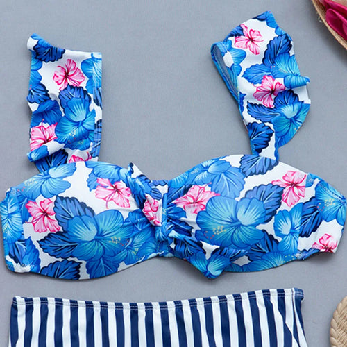 Load image into Gallery viewer, Blue Flower Print Ruffled Bikini Set Stripe High Waist Swimsuit Sexy Swimwear Women Female Bandage Bathing Suit
