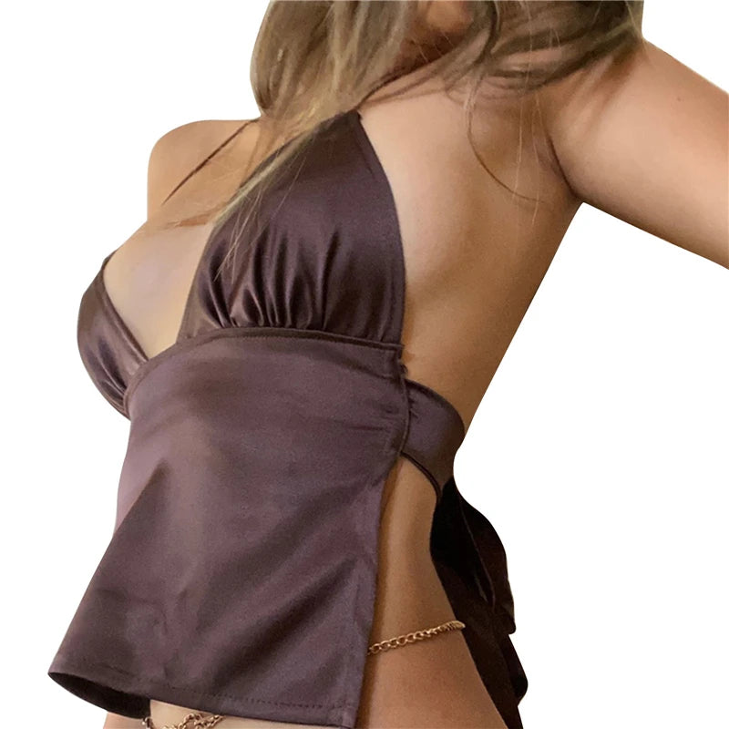 Women's Sexy Deep V Neck Halter Crop Cami Top Spaghetti Strap Tank Top Y2K Bandage Backless Knot Tie Camisole Shirts