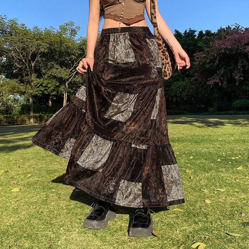 Vintage Y2K Brown Fairycore Grunge Patchwork Long Skirt Autumn Fashion Gothic Graphic Printed High Waist Skirt Female