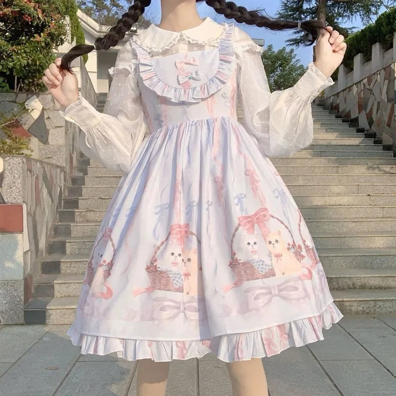 Kawaii Lolita Dress Women Girls JSK Lolita Kawaii Cute Cats Tea Party Dresses Ruffles Cosplay Spring Summer Slip Dress