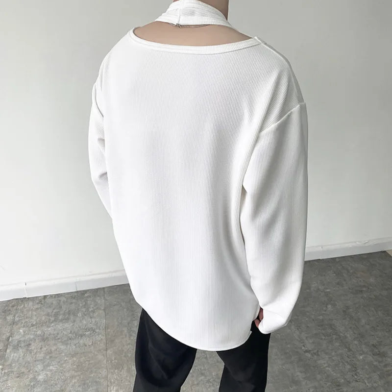 Autumn Personalized Fake Two-piece Double-layer Knitted Niche Men's Long Sleeve T-shirt Korean Loose Pullover Tops 9Y9194