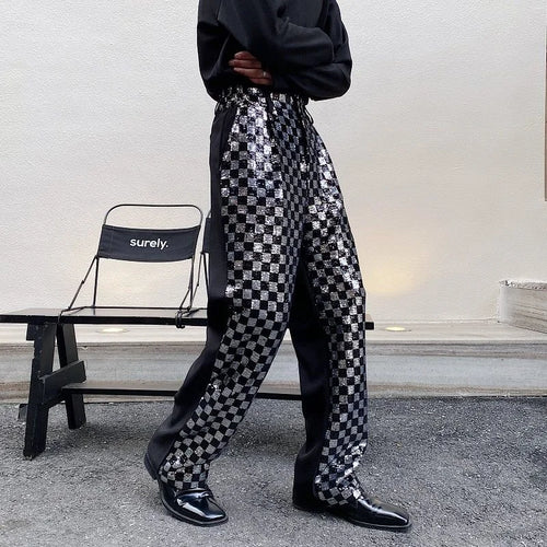 Load image into Gallery viewer, Men&#39;s Niche Black And White Checkered Sequin Patchwork Men&#39;s Long Pants Straight Wide Leg Design Chic Trousers Korean Y9982
