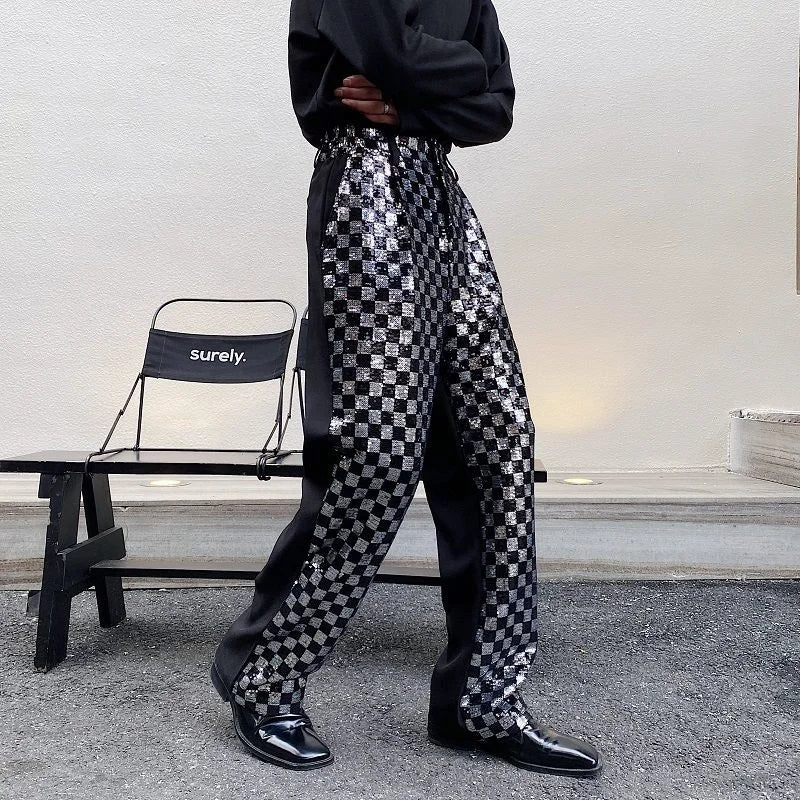 Men's Niche Black And White Checkered Sequin Patchwork Men's Long Pants Straight Wide Leg Design Chic Trousers Korean Y9982