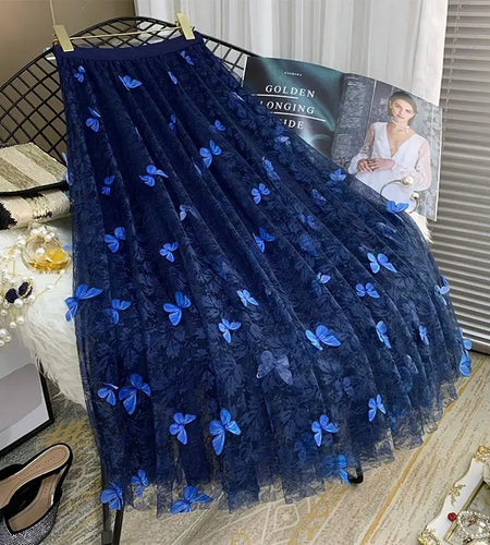 Elastic High Waist Skirt Ladies Summer Vintage Jacquard Butterfly Tulle Skirts Womens Fashion Embroidery Mesh Midi Skirt Women