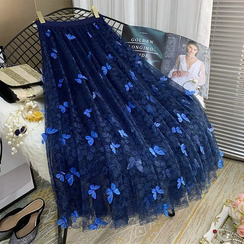 Load image into Gallery viewer, Elastic High Waist Skirt Ladies Summer Vintage Jacquard Butterfly Tulle Skirts Womens Fashion Embroidery Mesh Midi Skirt Women
