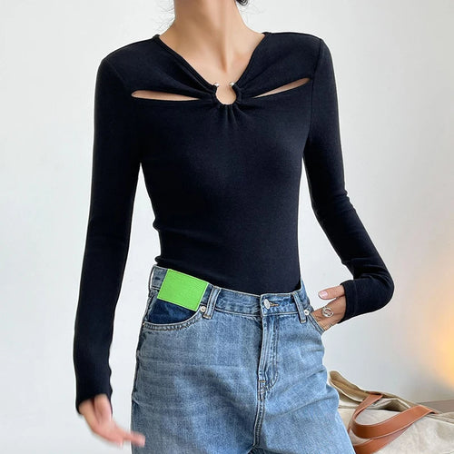 Load image into Gallery viewer, Casual Slim Solid Cut Out T Shirt Female V Neck Long Sleeve Gathered Waist Korean Fashion T Shirts For Women Autumn
