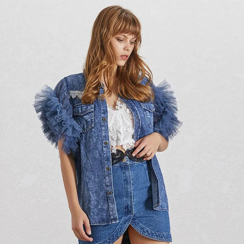 Load image into Gallery viewer, Casual Patchwork Mesh Jacket For Women Lapel Sleeveless Streetwear Denim Jackets Female Fashion Clothing Spring

