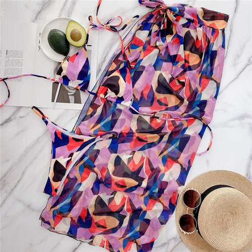 Load image into Gallery viewer, Print Bikin Set with Long Skirt Three Piece Push Up Swimwear Brazalian Swimsuit Bathing Suit Female SwimmingSuit
