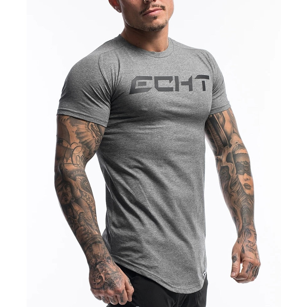 Gym Clothing Men Short Sleeve T-shirt Summer Fitness Bodybuilding Skinny Shirt Male Training Workout Tees Casual Cotton Tops