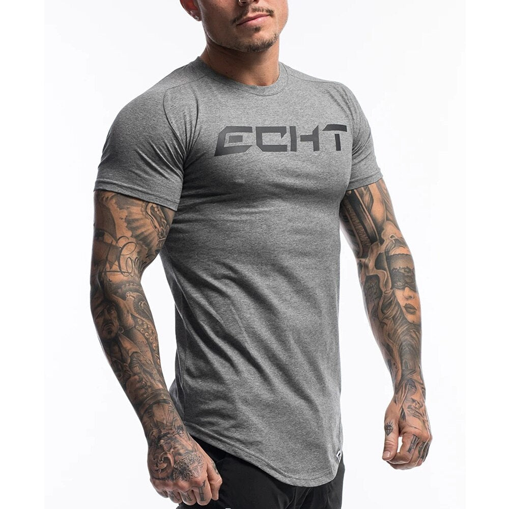 Men Short Sleeve T-shirt Summer Gym Fitness Bodybuilding Skinny  Shirt Male Workout Gray Tees Tops Casual Print Fashion Clothing