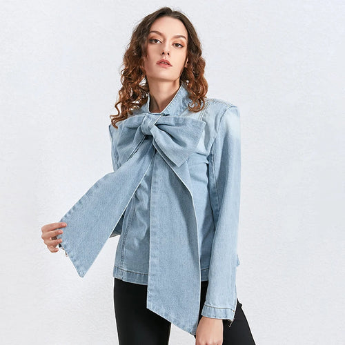 Load image into Gallery viewer, Elegant Bowknot Jacket Shirt For Women Stand Collar Long Sleeve Patchwork Zipper Slim Casual Jackets Female Fashion
