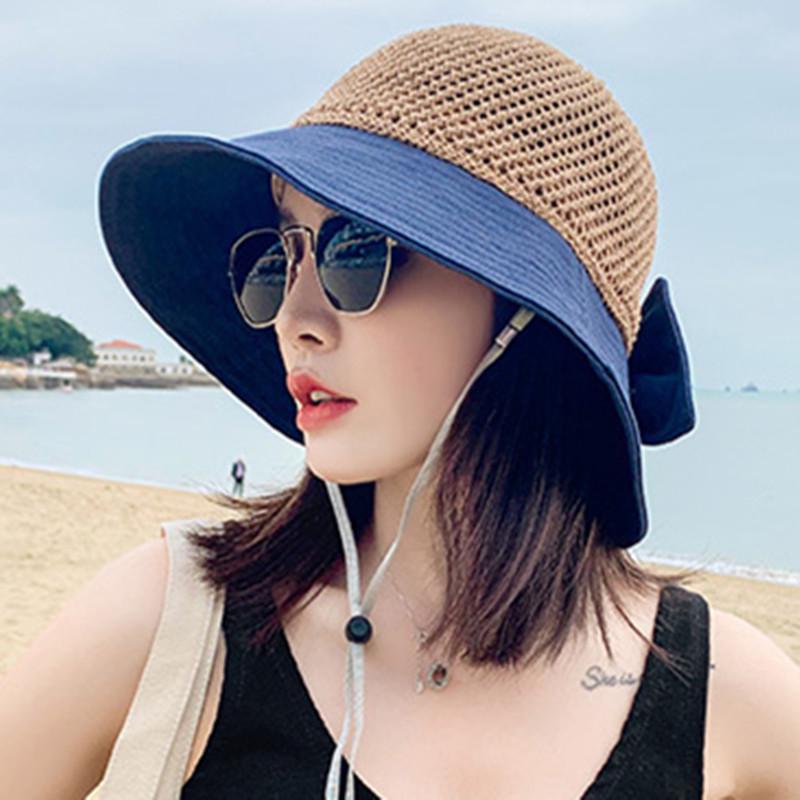 Woman Summer Hats With Visor Hollow Straw Hat Fashion Bow Design Sun Hat Travel Mesh Bucket Hat