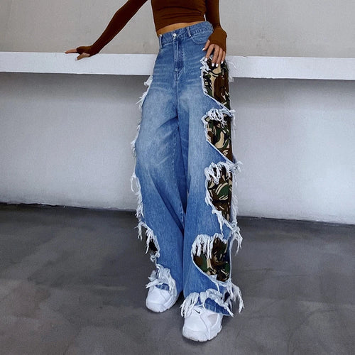 Load image into Gallery viewer, Irregular Streetwear Holes Patchwork Colorblock Jeans Female High Waist Wide Leg Pants For Women Autumn Style
