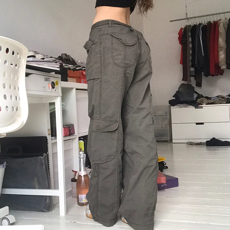 Retro Fashion Y2K Straight Cargo Pants Low Rise Jeans Streetwear Belt Pockets Denim Trousers Fairycore Female Jeans