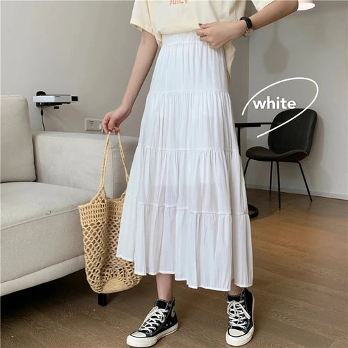 Load image into Gallery viewer, Spring Summer Women Chiffon Skirts Vintage High Waist Elastic Patchwork White Black Chic Long Cake A-line Skirt for Student
