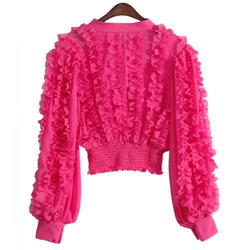 Load image into Gallery viewer, Pink Casual Patchwork Ruffle Lace Up Shirt Female Round Neck Long Sleeve Korean Slim Fashion Woman Blouses
