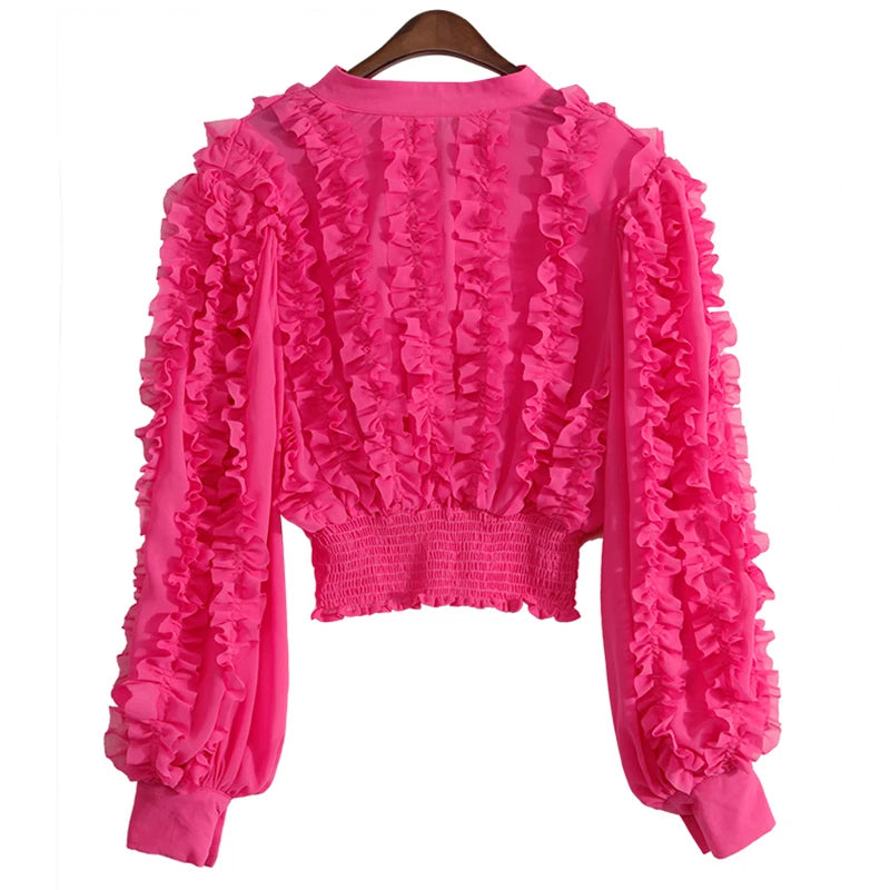 Pink Casual Patchwork Ruffle Lace Up Shirt Female Round Neck Long Sleeve Korean Slim Fashion Woman Blouses