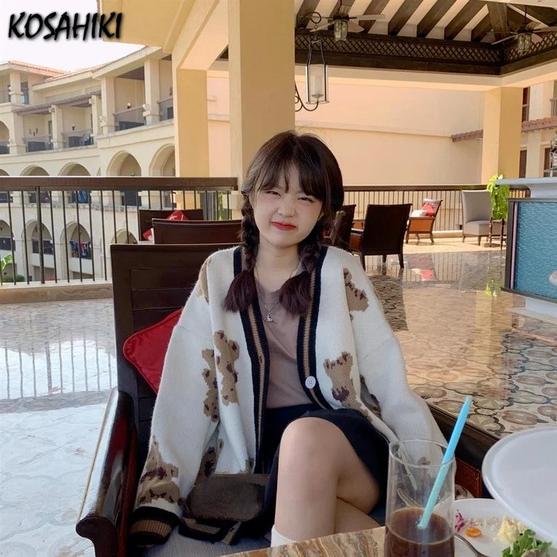 Autumn Women Clothing Knitted Sweater Bear Cardigan Cute Tops Korean Japanese Fashion Crochet Top Harajuku Kardigany