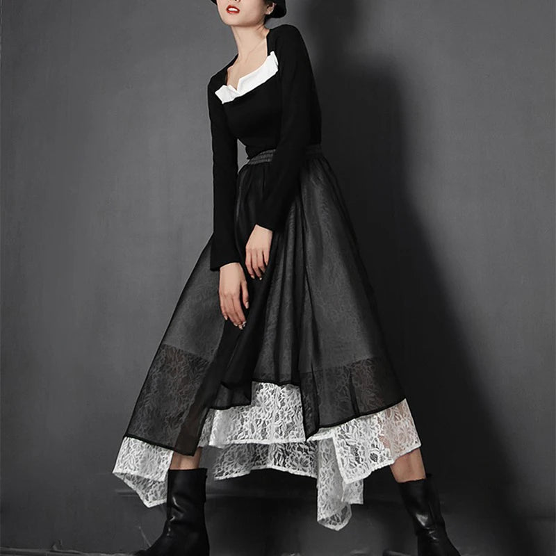 Vintage Patchwork Lace Skirt For Women High Waist Casual Ball Gown Skirts Female Fashion Clothing Style