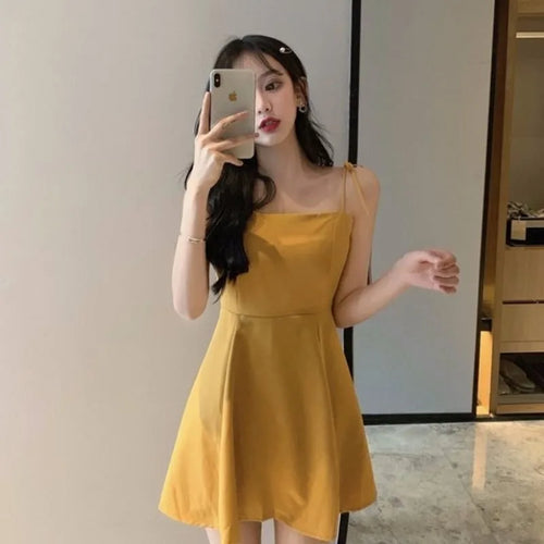 Load image into Gallery viewer, Black Spaghetti Strap Slip Dress Summer Sundresses Korean Fashion Style Off Shoulder Dress Backless Mini Party Dress
