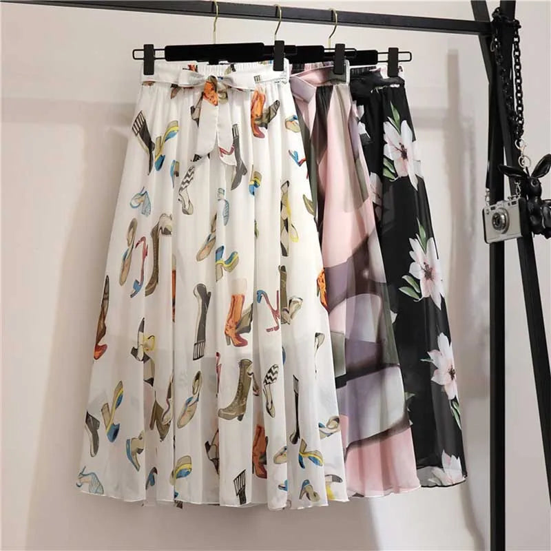Long Skirt Women For 2024 Spring Summer Lady Korean Style White Black Chiffon Sun School High Waist Midi Skirt Female