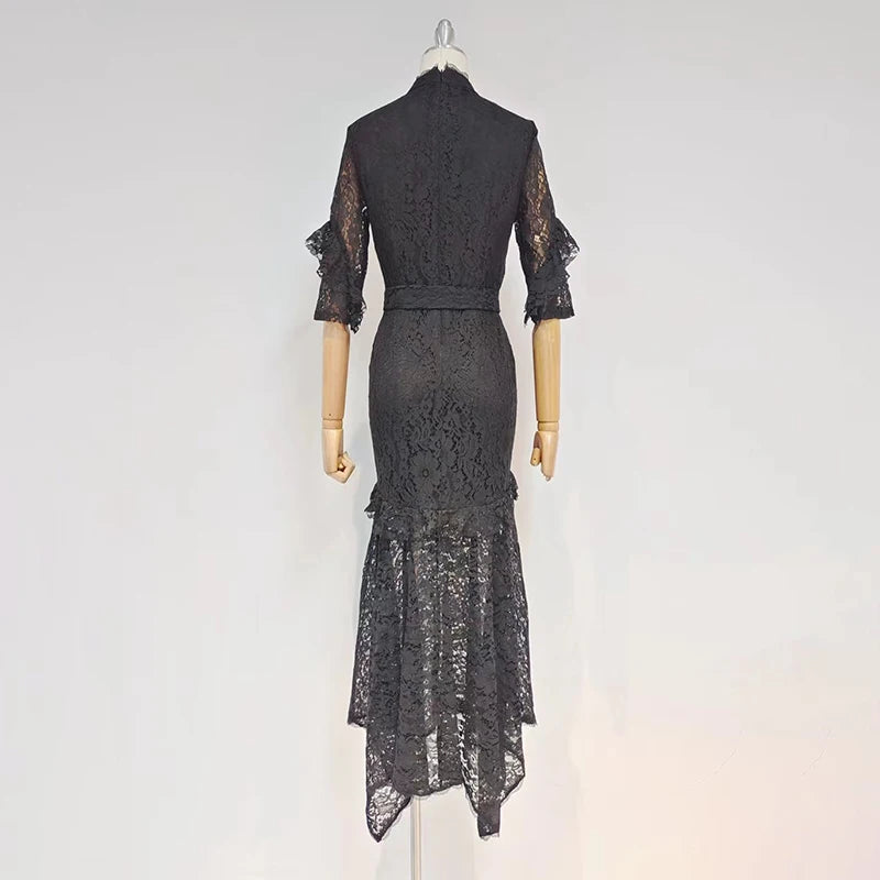 Black Lace Panel Sashes Slim Long Dress Female Turtleneck Half Sleeve High Waist Maxi Dresses For Women 2021 Autumn Clothing