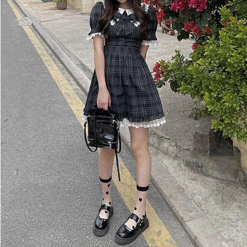 Load image into Gallery viewer, Kawaii Cute Dress Woman Soft Vintage Grunge Plaid Sundress Lace Princess Lolita Mini Dress Gothic Japanese
