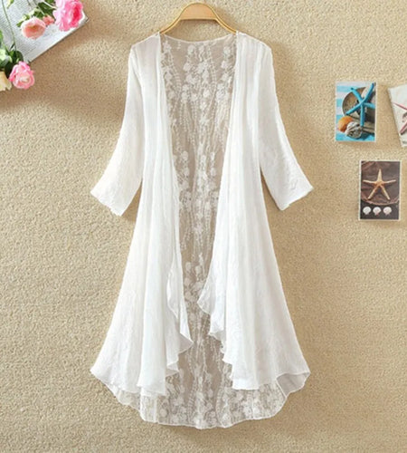 Long Jacket Women 2021summer Coat Sunscreen Linen  Coat Top Lace Stitching Fashion Design Thin Coat Solid Color Popular Tops