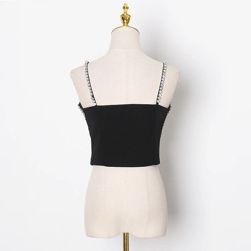 Sexy Patchwork Diamond Vest For Women Square Collar Sleeveless Short Slim Tops Female Fashion Clothing Summer