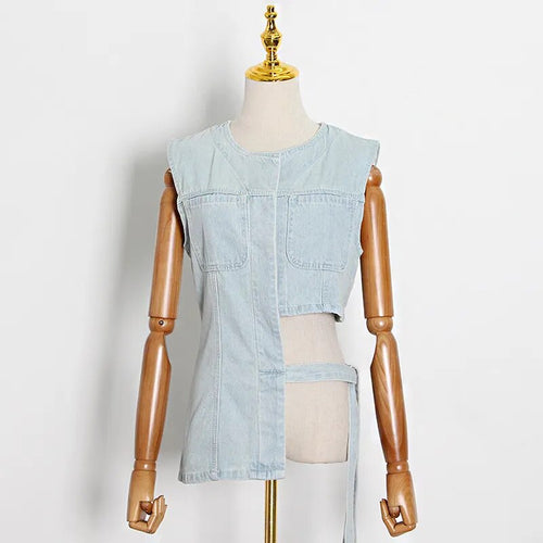 Load image into Gallery viewer, Lace Up Bowknot Denim Vest For Women O Neck Sleeveless Hollow Out Casual Vests Female Fashion Clothing
