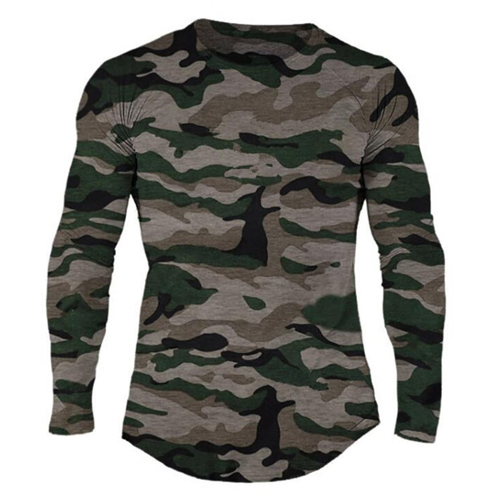 Gym Fitness T-shirt Men Casual Long Sleeve Cotton Shirt Male Camouflage Tee Tops Autumn Running Sport Workout Clothes Apparel