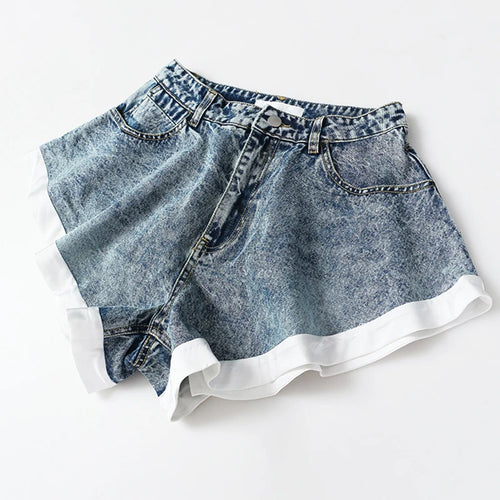 Load image into Gallery viewer, Elegant Women Denim Shorts High Waist Patchwork Hit Color Ruffles Shorts For Female Fashion Clothes Summer
