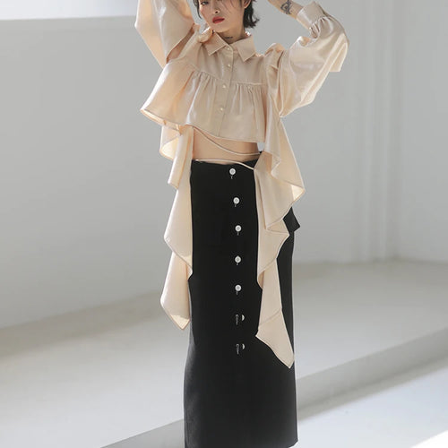Load image into Gallery viewer, Ruffle Trim Solid Shirt For Women Lapel Puff Sleeve Fold Pleated Button Through Blouse Female Korean Fashion Spring
