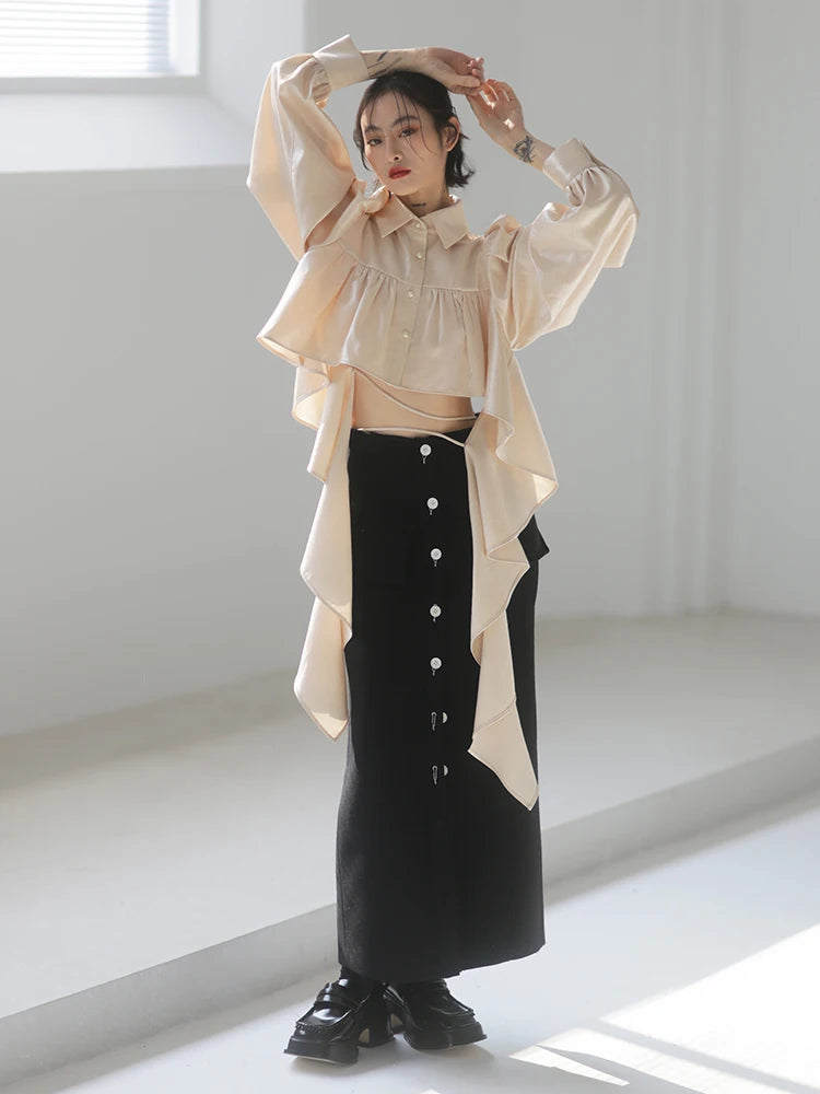 Ruffle Trim Solid Shirt For Women Lapel Puff Sleeve Fold Pleated Button Through Blouse Female Korean Fashion Spring