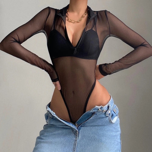 Load image into Gallery viewer, Zipper Turtleneck Skinny Black Mesh Bodysuit Women See Through Sexy Body Fashion Club Party Bodysuits Tops One Piece
