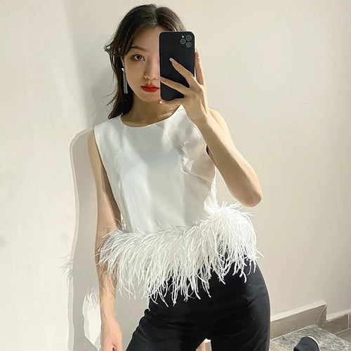 Load image into Gallery viewer, Black Patchwork Feathers Korean Fashion Shirt Top Women Round Neck Sleeveless Slim Tops Female Summer Clothing
