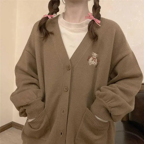 Load image into Gallery viewer, Women Sweater Vintage Y2k Loose Knitted Cardigan Bear Embroidery Jumper 2025 Japan Korean V-neck Casual Coat Jackets
