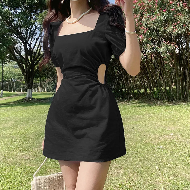 Square Neck Korean Fashion Solid Summer Dress Mini Casual Hollow Out Dresses for Women Cute Sundress Clothes